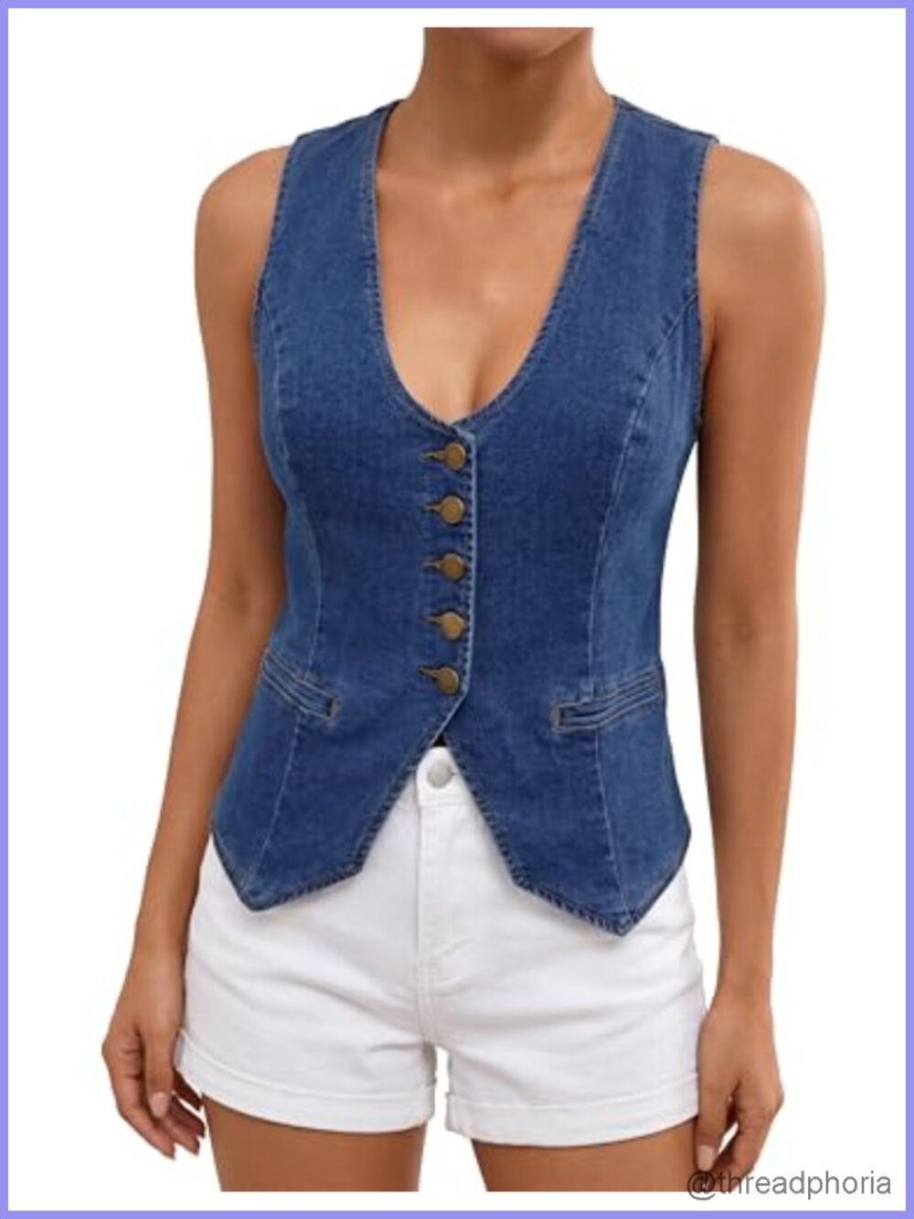 Sleeveless Denim Vest for Women Scoop Neck Button Down Casual